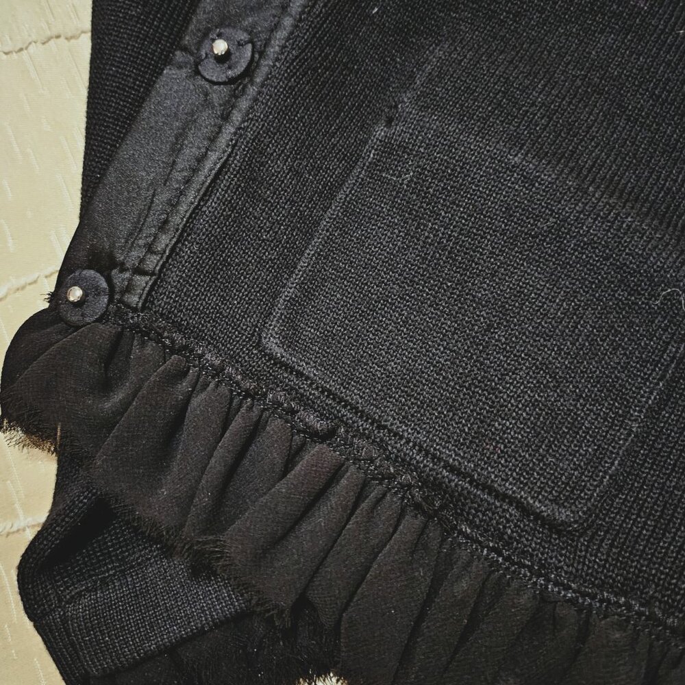WHBM ELEGANT BLACK CARDIGAN w/ WHITE PEARL & BLACK RUFFLE POCKET & CUFF ACCENTS - Picture 13 of 16